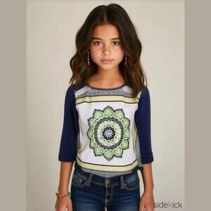 Sequin Hearts Girls Sweater Sz M Cruise Control Blue Green Yellow White Mandala